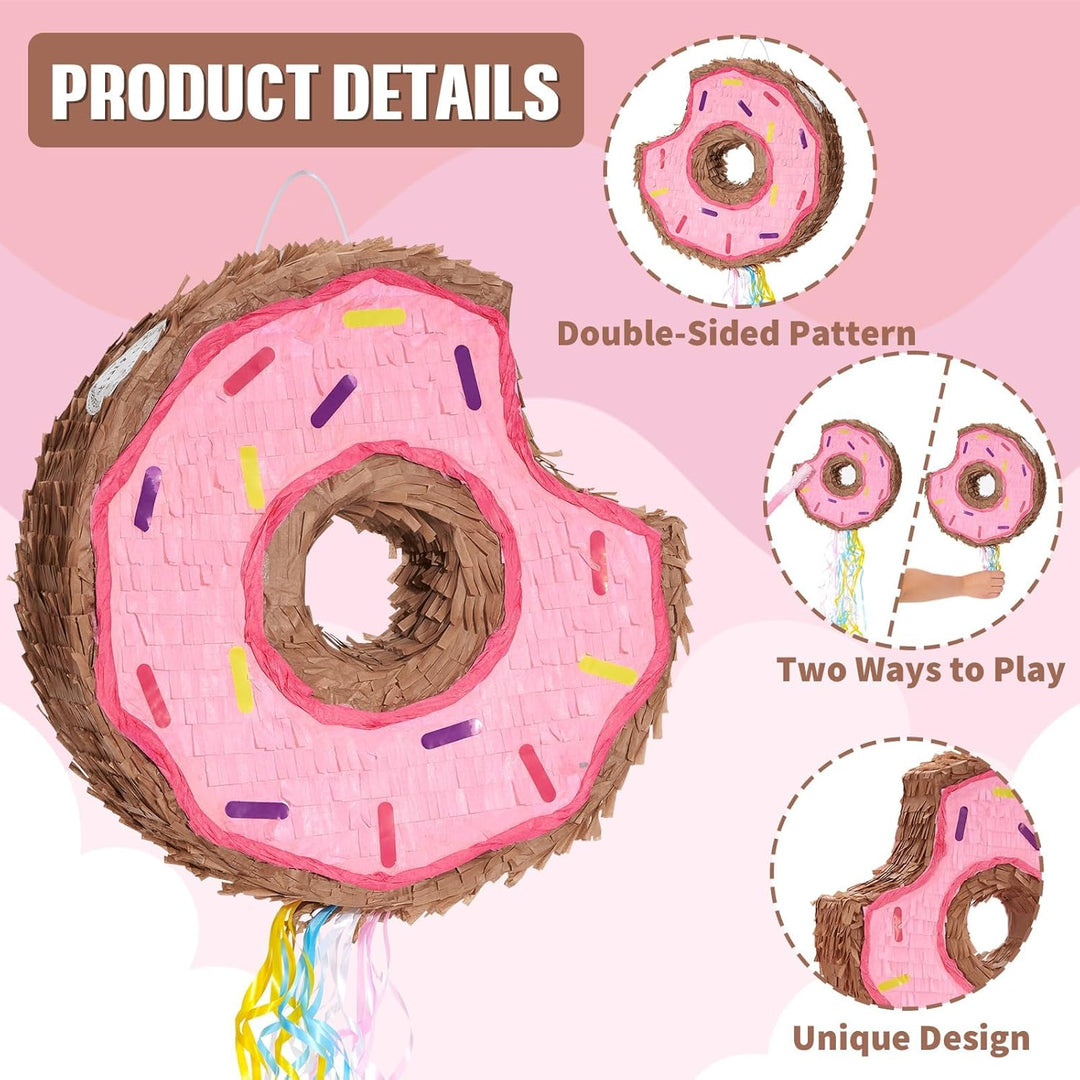 WERNNSAI Donut Pinata – Geburtstag Deko Piñata Mädchen Kinder Rosa Donut Piñata mit Stock Augenbinde