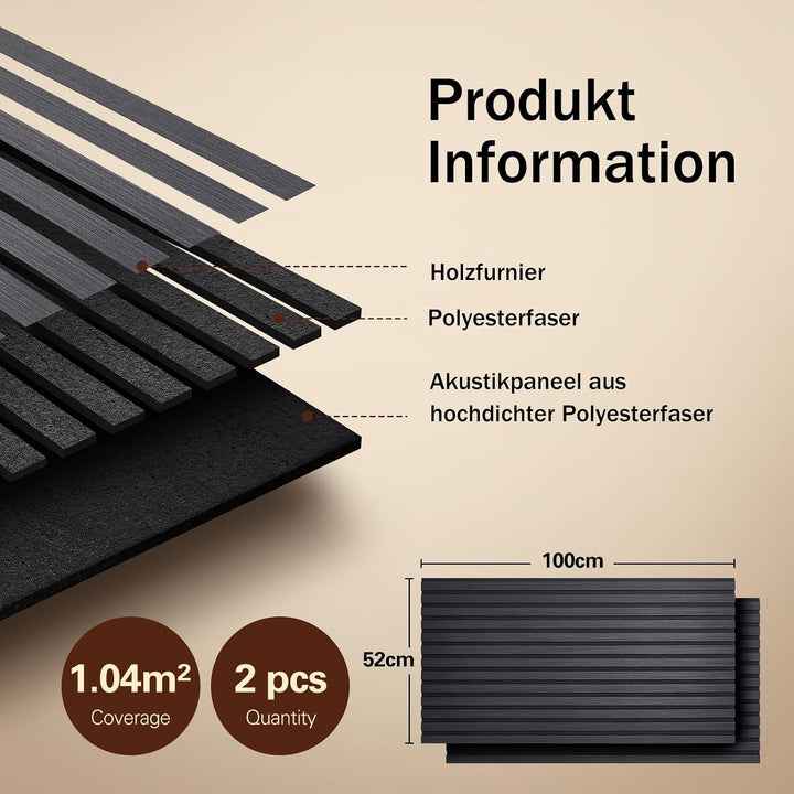 Akustikpaneele Selbstklebend 2er Set 100x52cm, Schalldämmung Echoreduzierung Wandpaneele aus Holzf