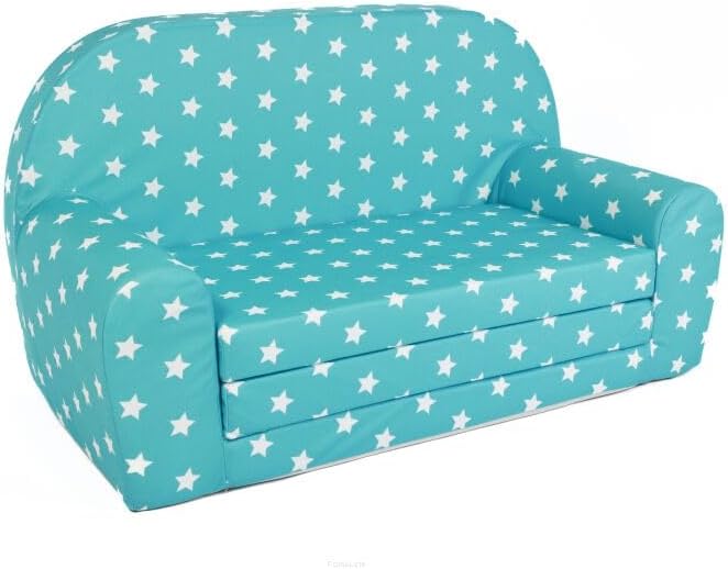 FORTISLINE Kindersofa Mini zum Aufklappen Viele Muster W386 (Türkis Sterne Weiss), Türkis Sterne Wei