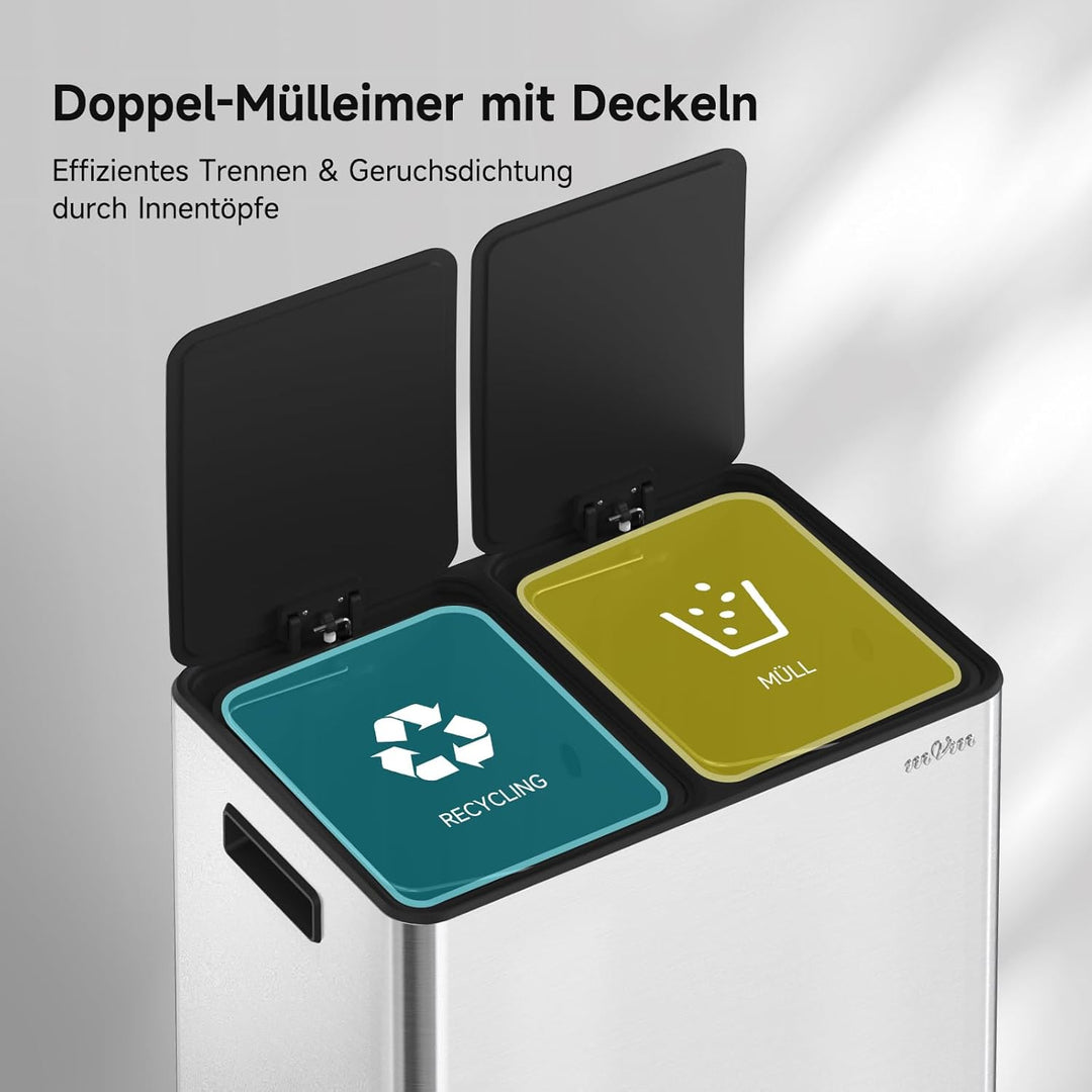 mVm Mülleimer Küche,40 Liter Treteimer,2 x 20 Liter Treteimer, 2 Fächer, Mülltrennsystem, Abfalleime