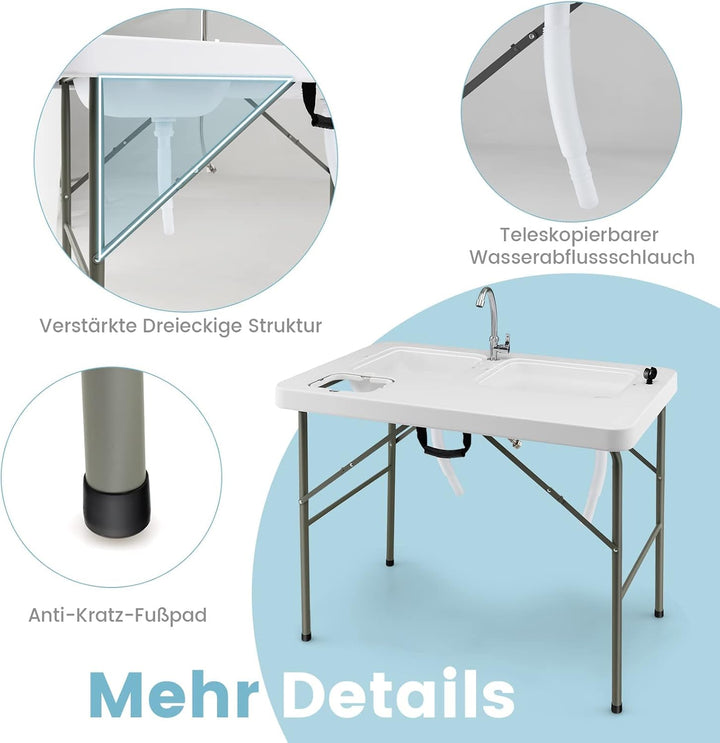 GYMAX Campingtisch mit 2 Spülen & Wasserhahn & Abfallkorb Filetiertisch Klappbar mit Messskala Garte