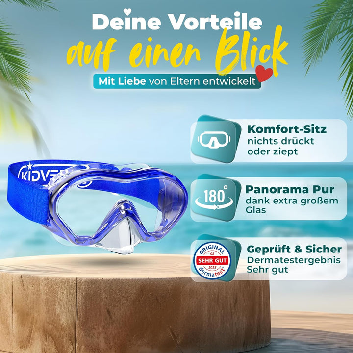 KIDVERSE Taucherbrille Kinder mit Nase - CE & Dermatest geprüfte Kinder Taucherbrille mit Stoffband