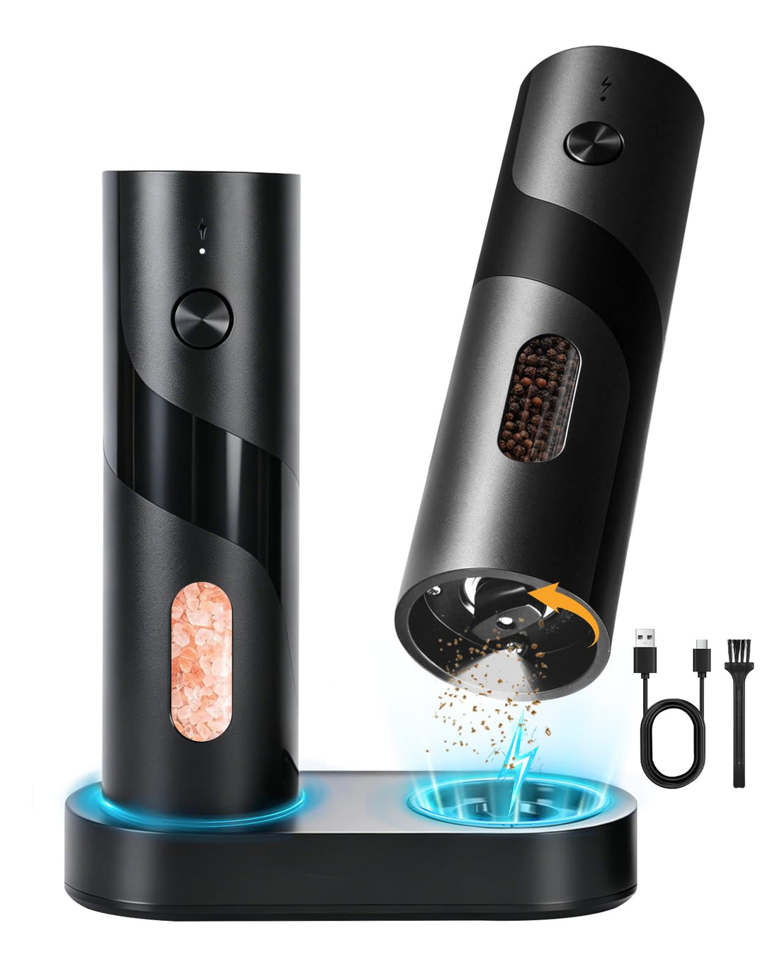 Elektrische Salz- und Pfeffermühle Set aus Edelstahl, USB-C Dual-Ladestation, 110 ml grosse Kapazitä