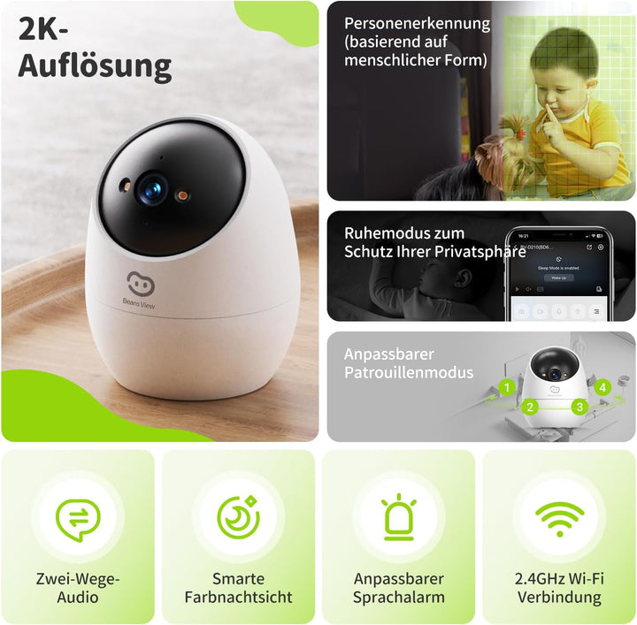 2K Innenkamera für Überwachung und Sicherheit, 2-Stück, 2.4 GHz, Farb-Nachtsicht, 360° Ansicht, WLAN