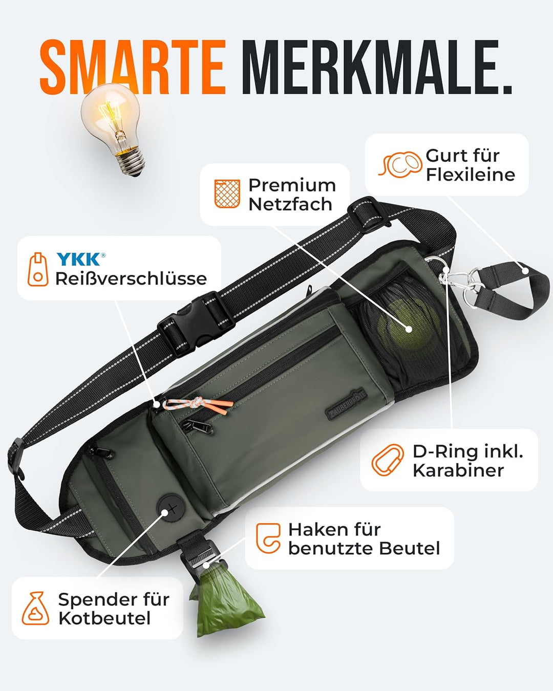 Gassi Tasche 'Atlas' - Premium Leckerlitasche für Hunde - Inkl. YKK® Zipper & Leinenhalterung - Bauc