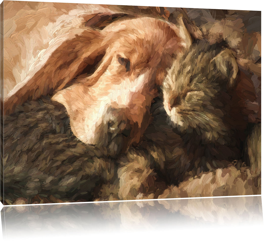 Pixxprint Katze und Hund kuschelnd Kunst als Leinwandbild | Grösse: 100x70 cm | Wandbild | Kunstdruc