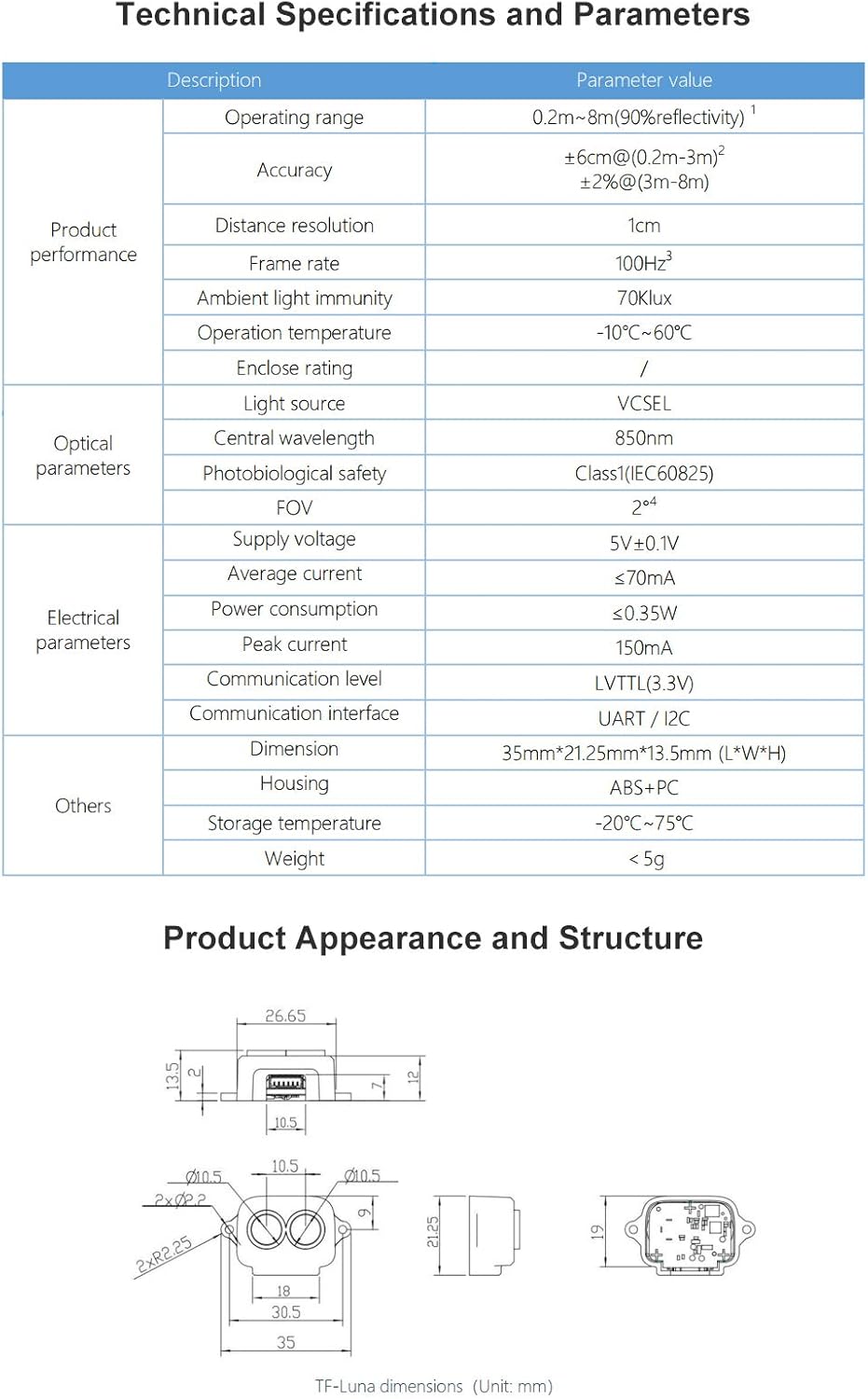 SmartFly Info TF-Luna Lidar-Sensor 0,1–8 m Kurzstreckenentfernung, Einpunkt-Rangefinder-Modul, UART/