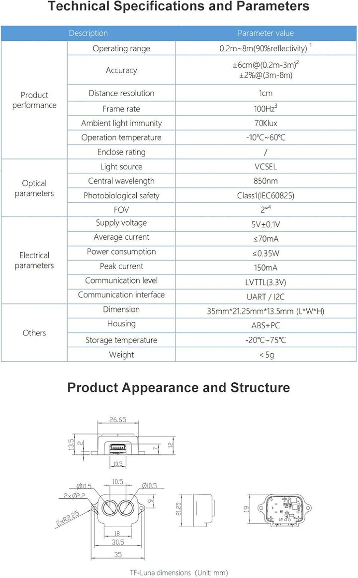 SmartFly Info TF-Luna Lidar-Sensor 0,1–8 m Kurzstreckenentfernung, Einpunkt-Rangefinder-Modul, UART/