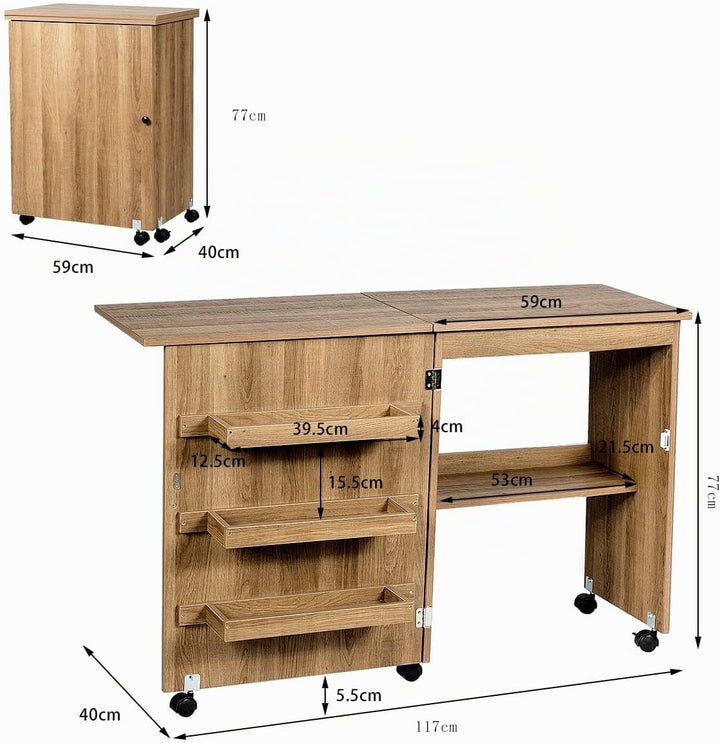 LIFEZEAL Nähmaschinenschrank klappbar, Nähschrank 2 in 1, Schreibtisch Holz mit Haken, Ablage &amp; Roll