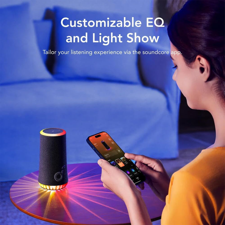 soundcore Glow Mobiler Lautsprecher mit 30W 360° Rundum-Sound, Synchronisierte Lichtstrahlen, 18h Wi