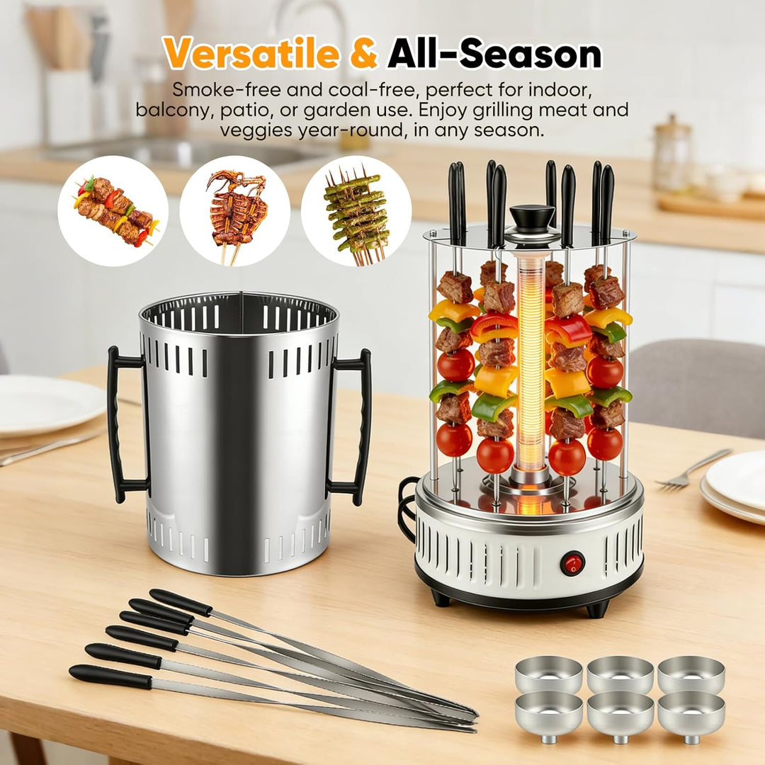 Vertikaler Elektrischer Grill, 1000W Elektrogrill Schaschlikgrill mit 6 Spiesse, Rotierende Grill fü