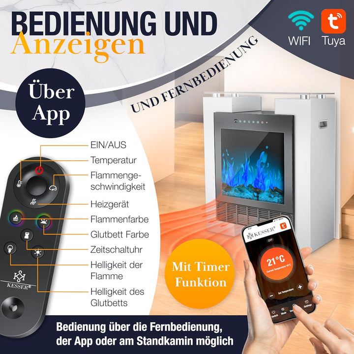 KESSER® LED Kamin mit Heizung elektrisch | Heizlüfter Elektrokamin mit Thermostat, Standkamin mit re