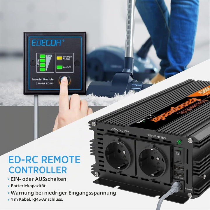 EDECOA Wechselrichter 12v auf 230v Reiner Sinus 2500w Wohnwagen Spannungswandler 2X USB und Fernbedi