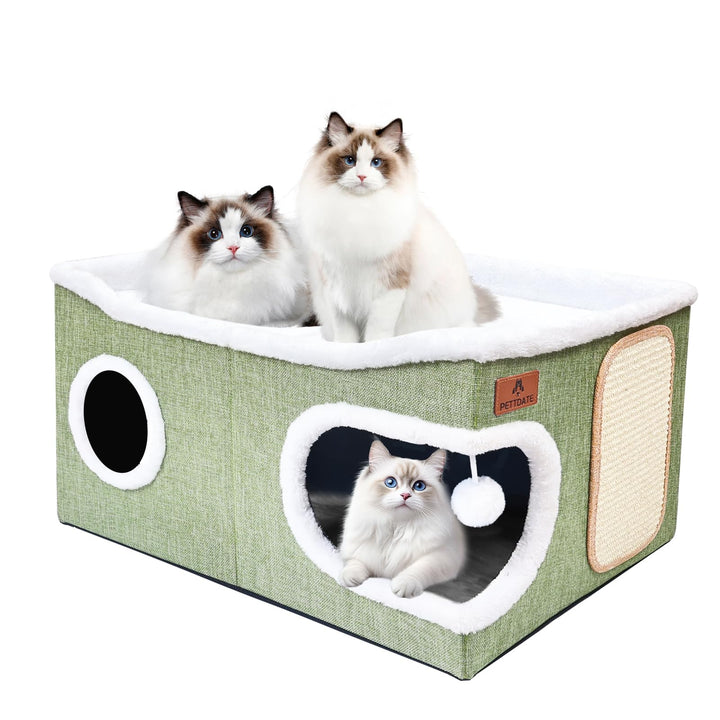 Extra Grosse Katzenhaus Indoor, 2-stöckige Kuschelhöhle mit Kratzbrett und Spielball, Katzenhöhle fü