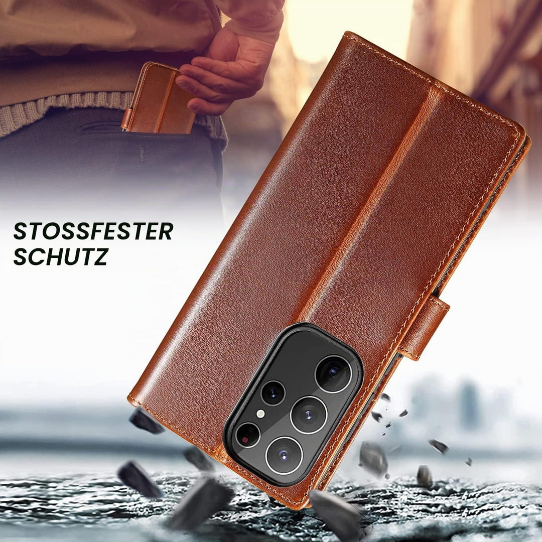 LENSUN Lederhülle für Samsung Galaxy S23 Ultra, Echtleder Handyhülle [Echtes Leder] [Magnetverschlus