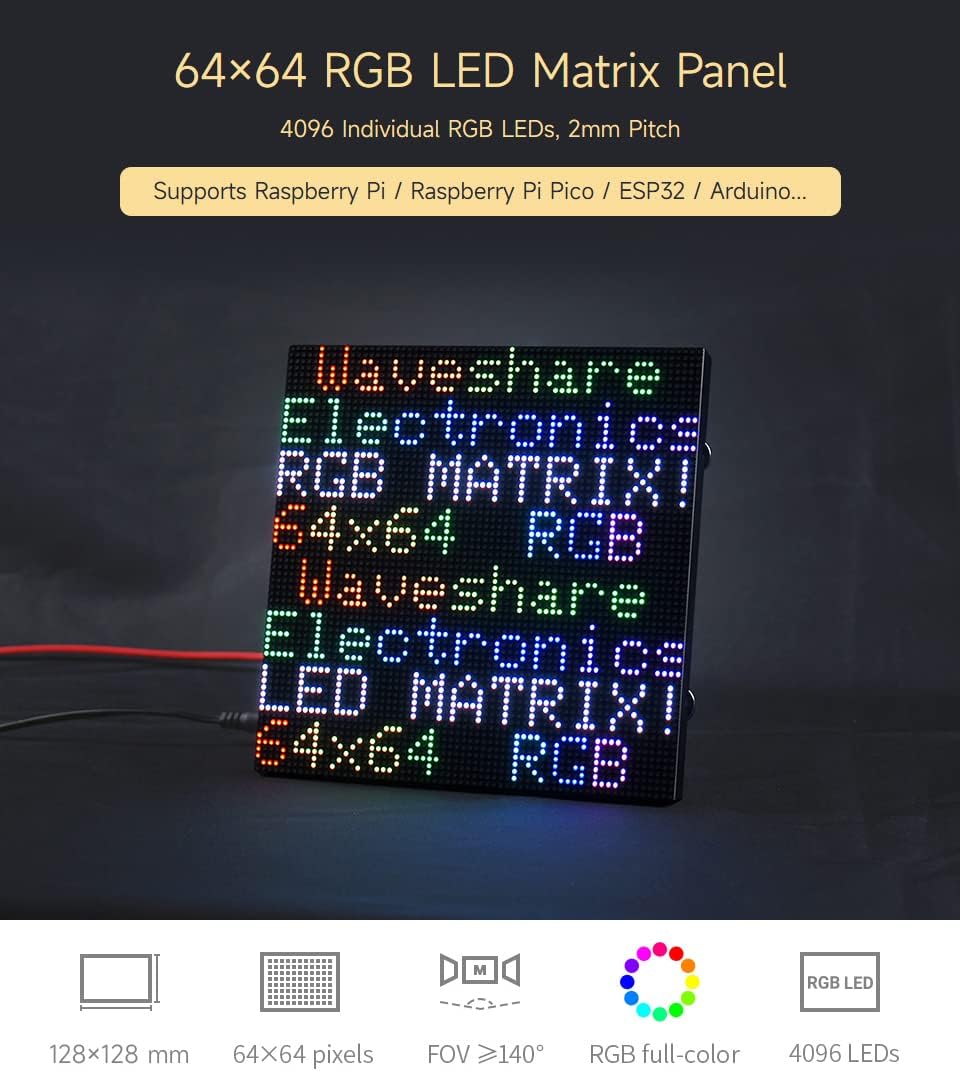 Waveshare RGB Full-Color LED Matrix Panel 2mm Pitch 64x64 Pixels Adjustable Brightness Compatible wi