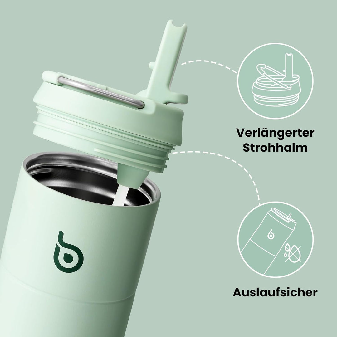 bottlebottle Edelstahl Trinkflasche mit Strohhalm 500ml, auslaufsichere Sportwasserflasche, ideal fü