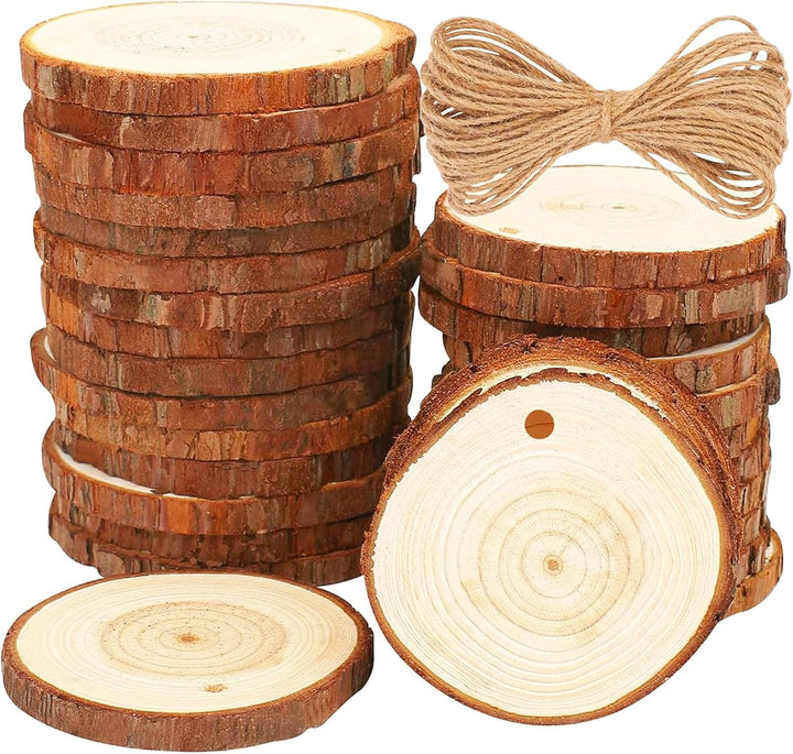 30 Stück Holzscheiben, BetterJonny Rund 7-8cm Holz Log Scheiben Kit mit Loch Unvollendete Holzkreise
