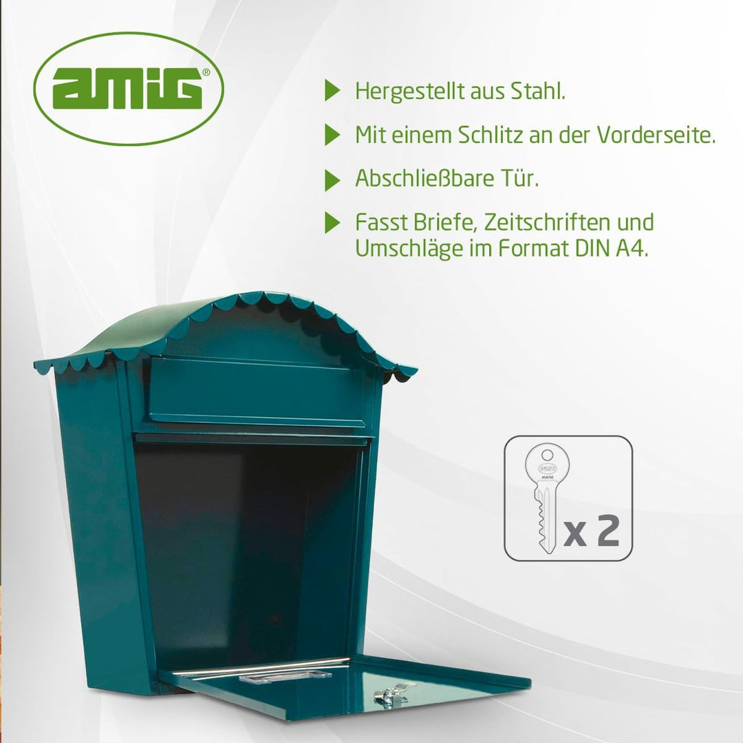 Amig - Aussenbriefkasten | Briefkasten für Wand, Mauer oder Zaun | Masse: 37 x 32 x 10,5 cm | Stahl