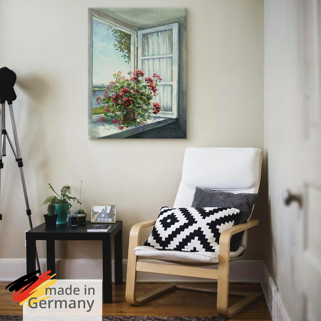 Artland Leinwandbild Wandbild Bild auf Leinwand 60x80 cm Wanddeko Fensterblick Fenster Blumen Botani