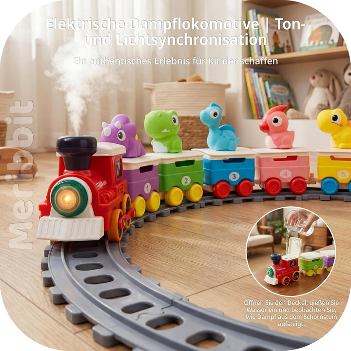Montessori Zug Set mit Schienen, Licht & Dampfeffekt, Dinosaurier Fingerpuppen, Lernspielzeug für Ki