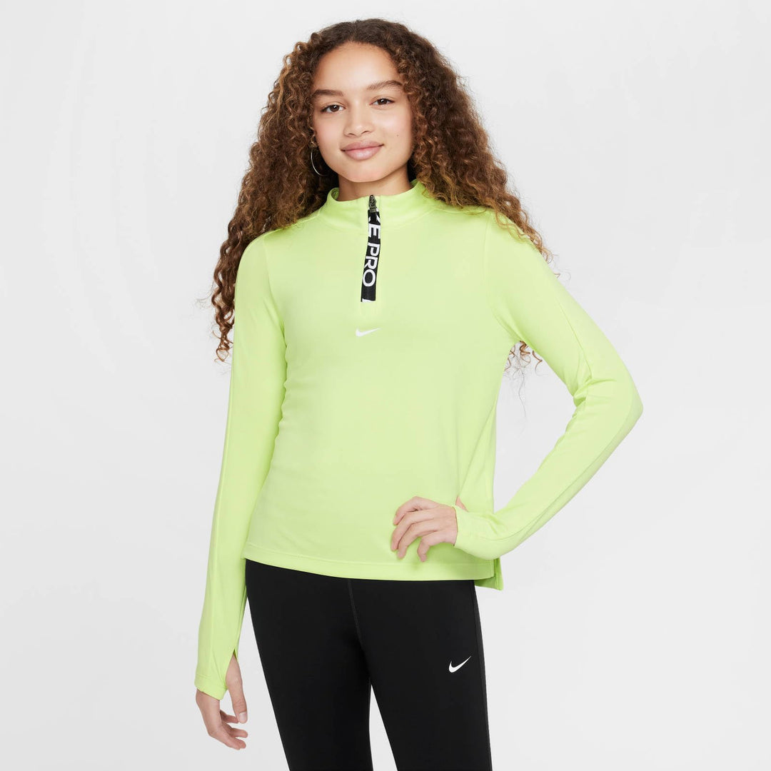 Nike Pro Dri-FIT Longsleeve mit Halbreissverschluss für Mädchen, FN9025 Lt Lemon Twist/White 10-11 J