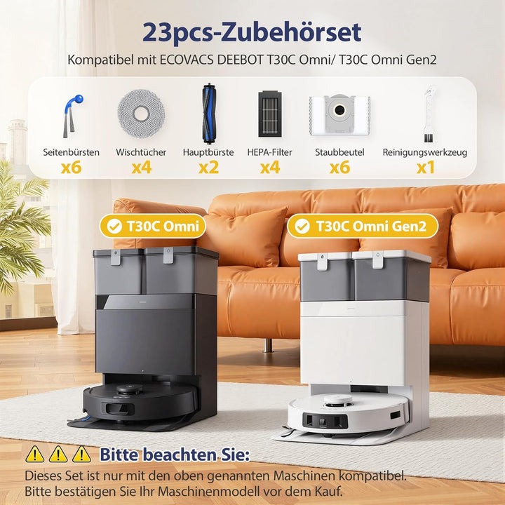 23 Stück Zubehörset für ECOVACS DEEBOT T30C Omni/ T30C Omni Gen2 Saugroboter, 2 Hauptbürste,6 Staubb