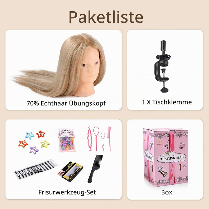 Frisierkopf 70% Echthaar Übungskopf 24 Zoll Frisierkopf Friseure Trainingsköpfe für Friseure zum Fri