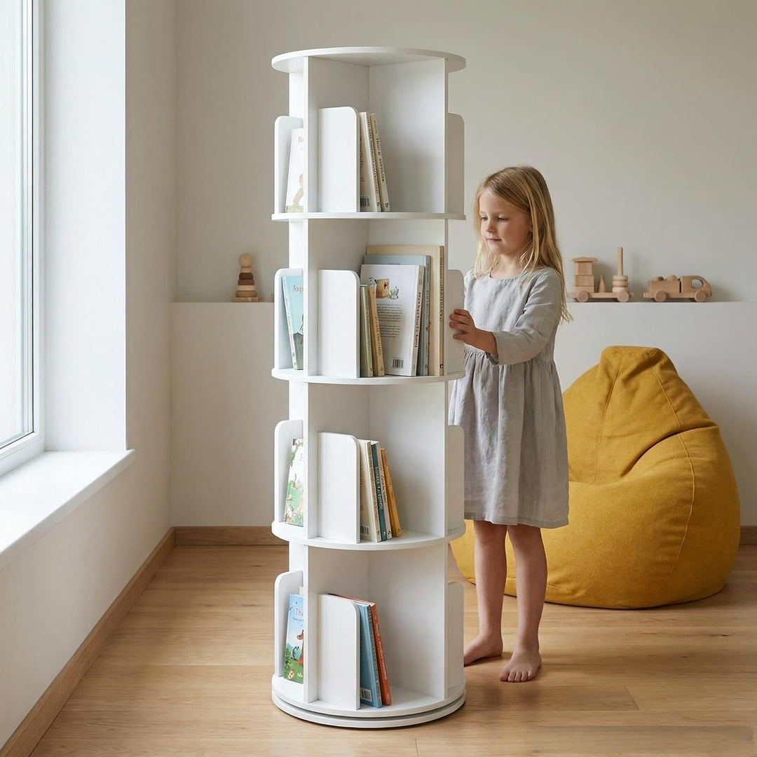 Drehbares Bücherregal Kinder, 360° Drehbar, 4 Ebenen, Spielzeugregal, Kinder Regal geeignet für Kind