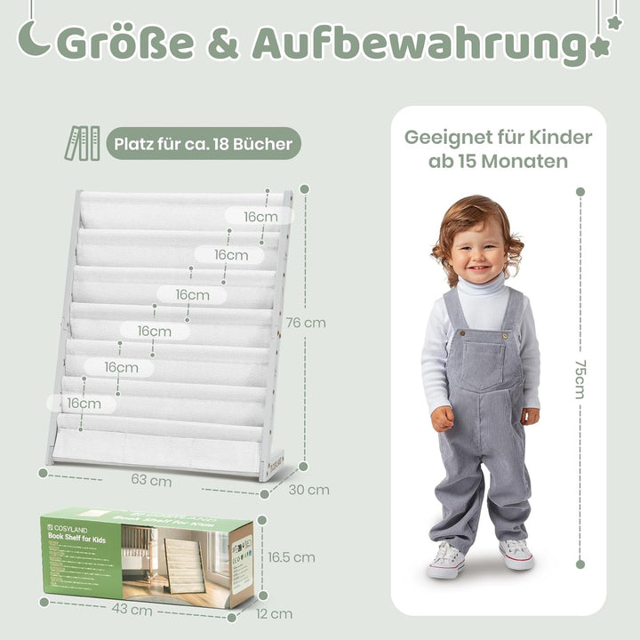 COSYLAND Bücherregal Kinder mit 6 Oxford-Stoff Fächern - Kinderbücherregal aus Naturholz - Bücherreg