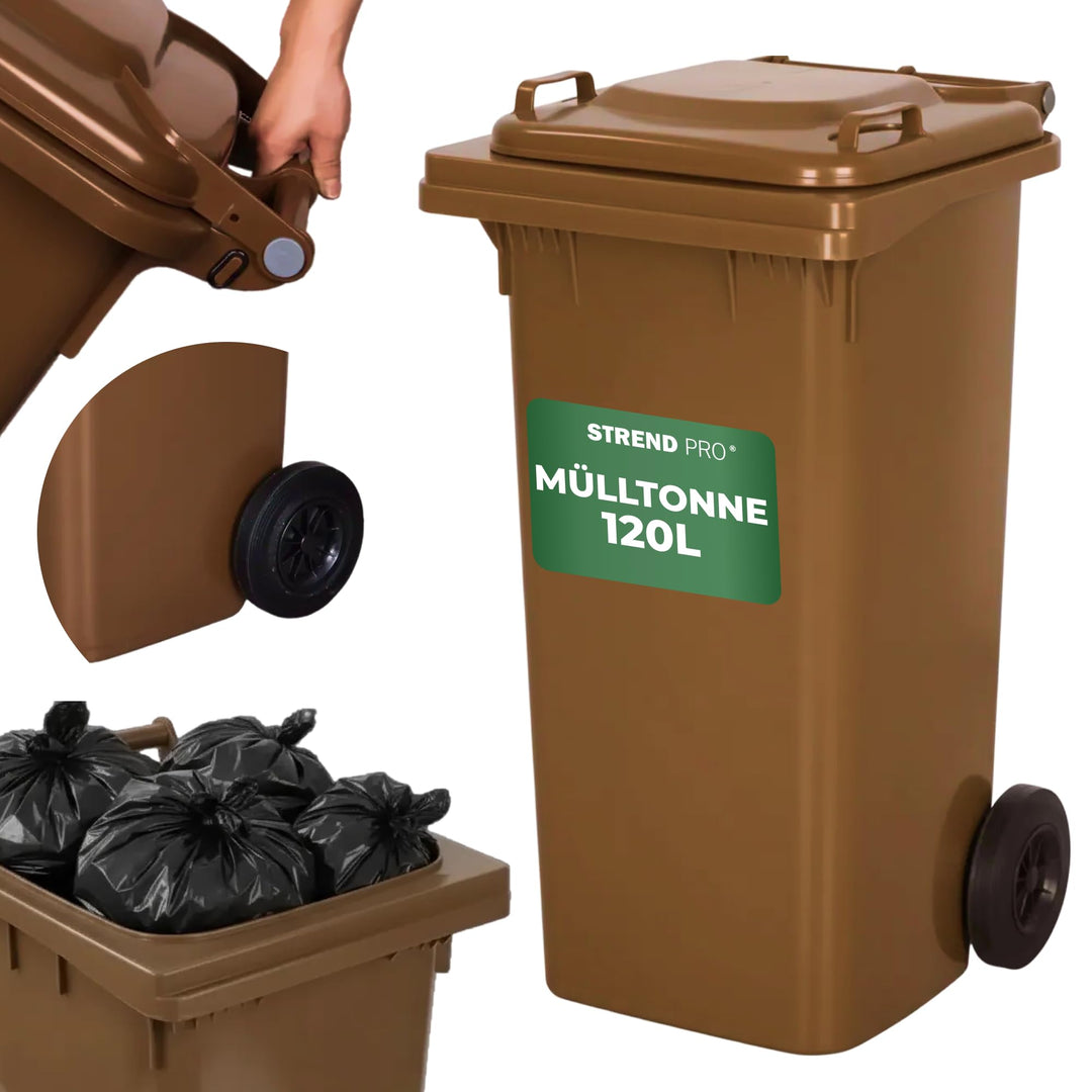 Strend Pro Mülltonne mit 120L Braun | Grosse Tonne Deckel & Rädern | Mülltonnen für Bioabfall & Gart