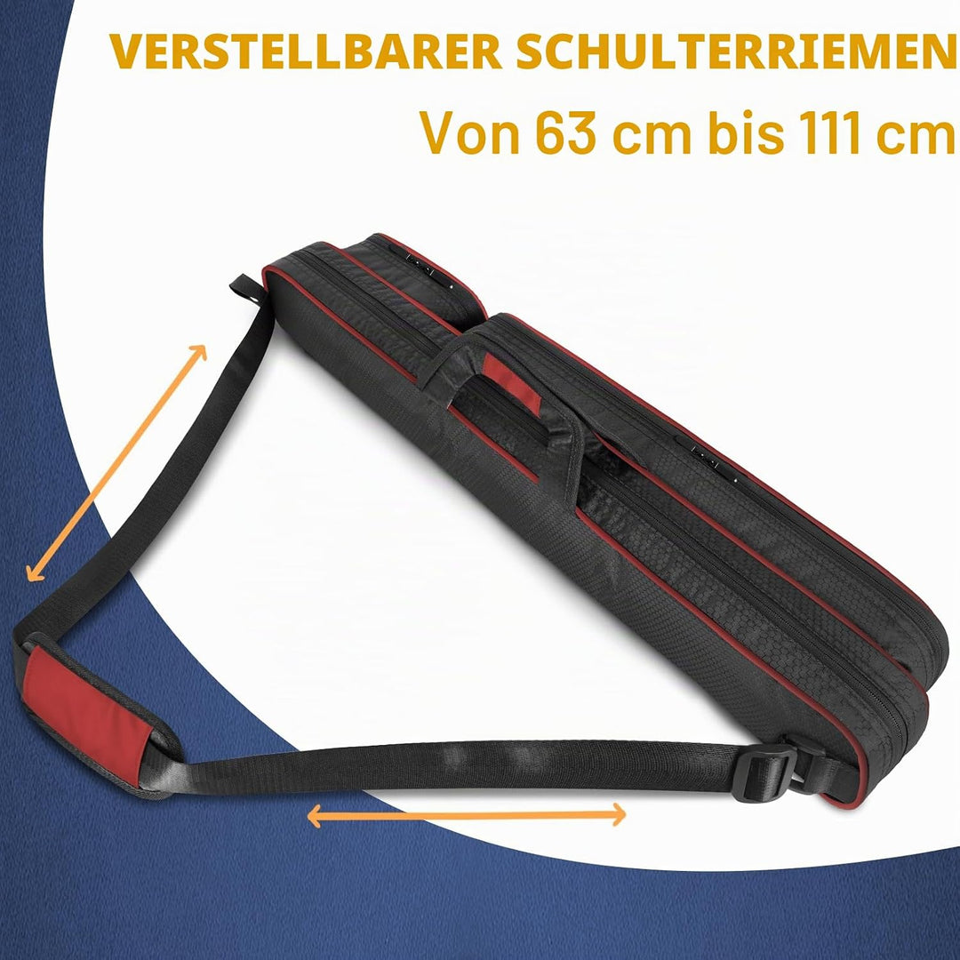 Tasche für Billardqueue 2 x 2 für 2 Queues mit 2 Reissverschlusstaschen für Zubehör, robust, Polyest