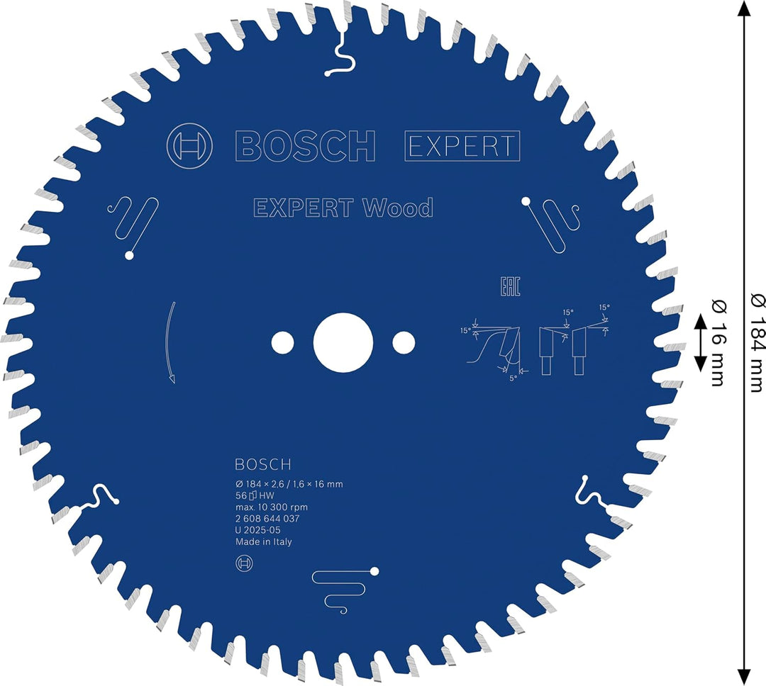 Bosch Professional 1x Kreissägeblatt Expert for Wood (Holz, Sägeblatt Ø 184 x 16 x 2,6 mm, 56 Zähne,