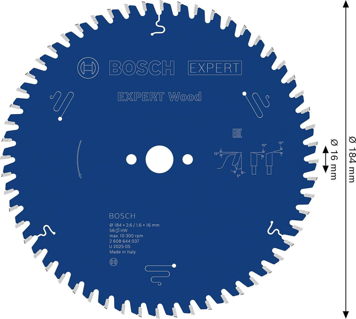Bosch Professional 1x Kreissägeblatt Expert for Wood (Holz, Sägeblatt Ø 184 x 16 x 2,6 mm, 56 Zähne,