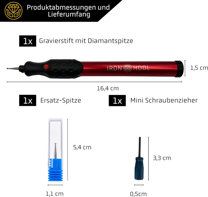 IRON HODL - Gravierstift mit Diamantspitze für Metall, Keramik, Glas gravieren - 2X AAA Batteriebetr