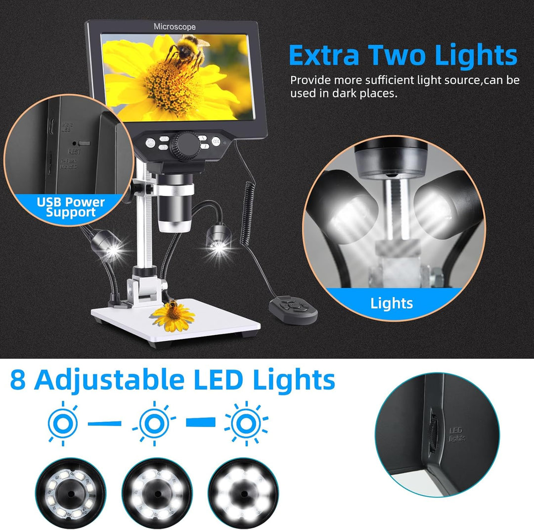 Koolertron LCD Digital Mikroskop, 7 Zoll 1080P USB Mikroskop mit Licht und Fernbedienung, Mikroskopk