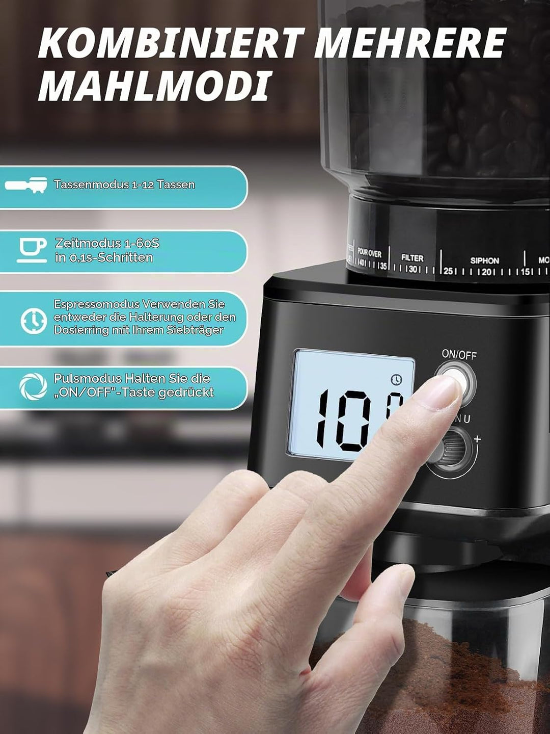 Homtone Elektrische Kaffeemühle für Siebträger, 51 einstellbare Mahlgrade, Kaffeemühle mit Grossem D