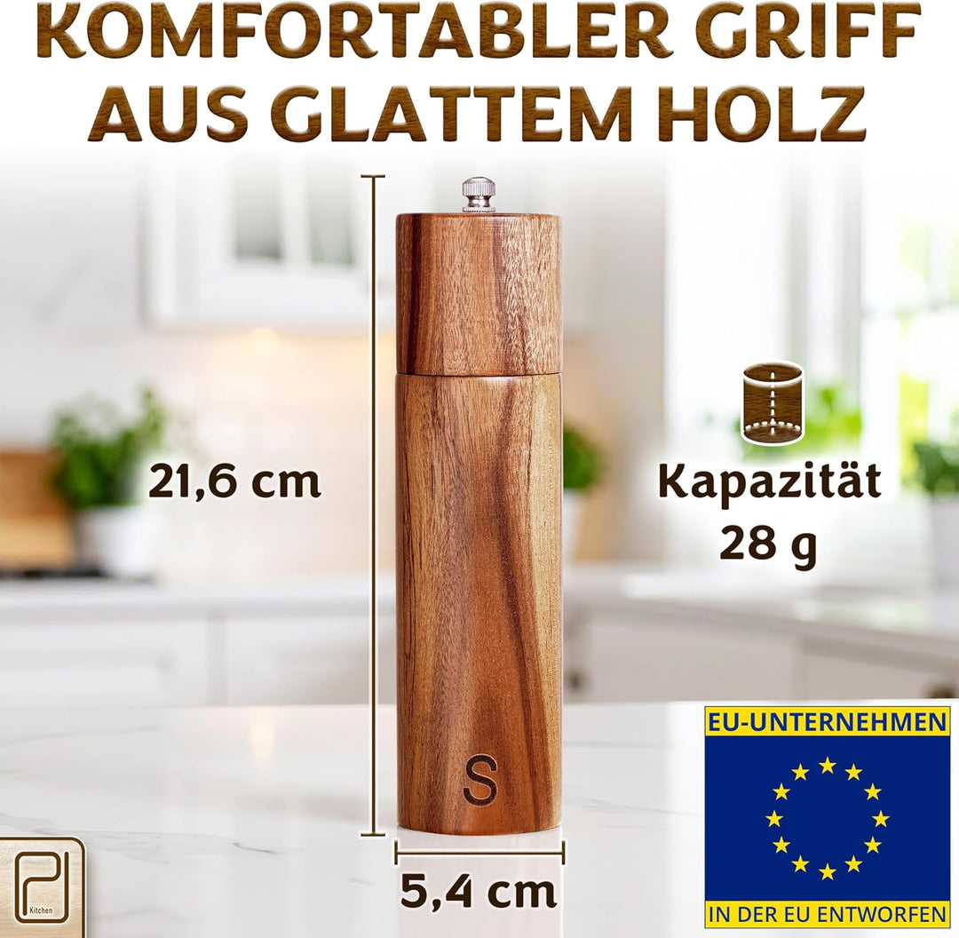 Grosses Salz- und Pfeffermühlenset - 28 g, Mühlen aus Akazienholz - Nachfüllbare manuelle Grobkorn-S