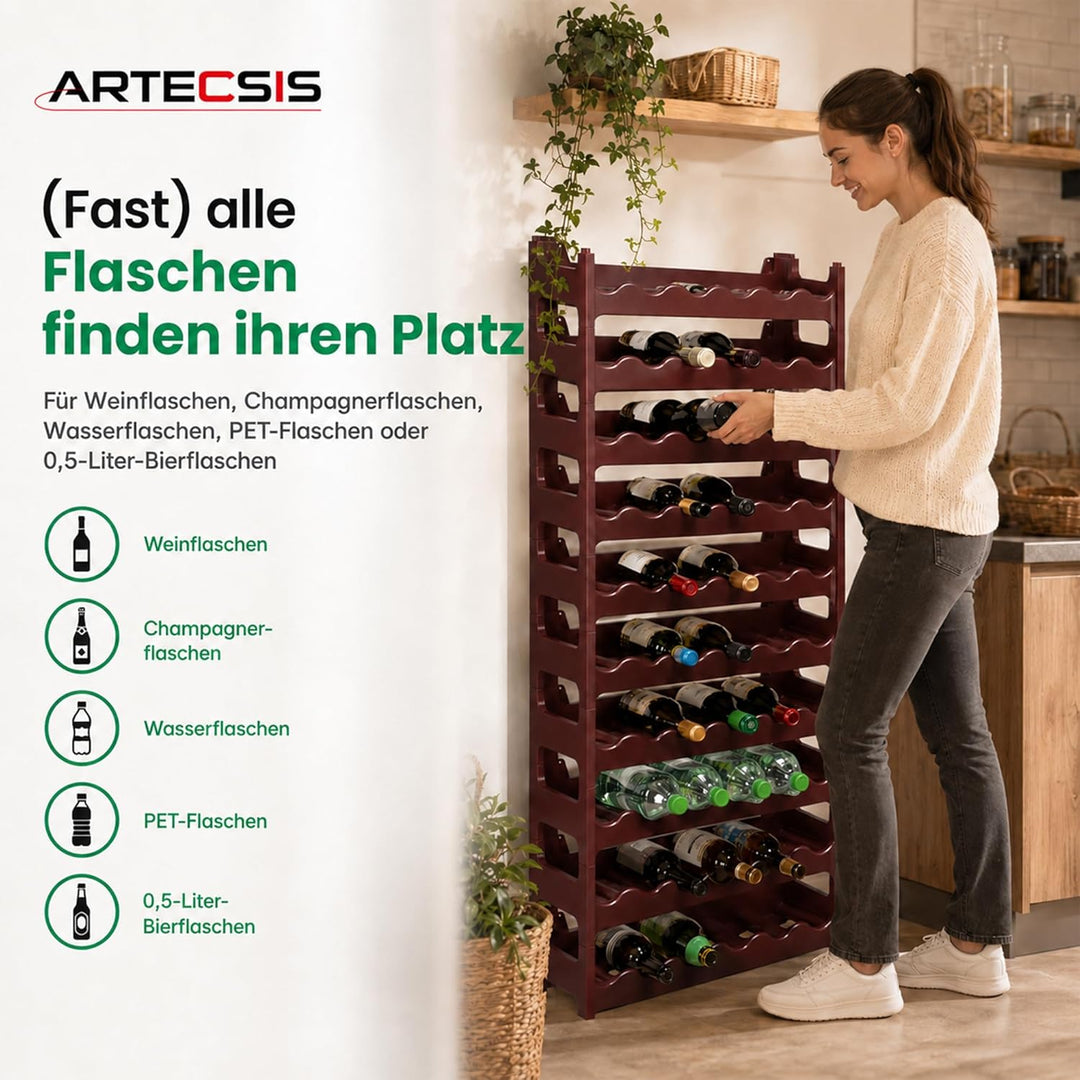 ARTECSIS Weinregal stapelbar Kunststoff für 60 Flaschen, stabiles leichtes Flaschenregal für Keller,