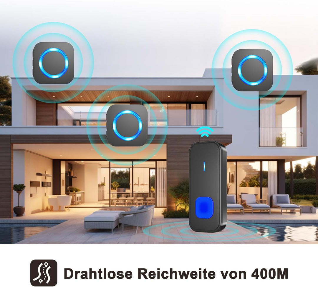 SURFOU Funkklingel, Kabellose Türklingel Funk Set 400m Reichweite Aussen Wasserdicht Haustür mit 3 P