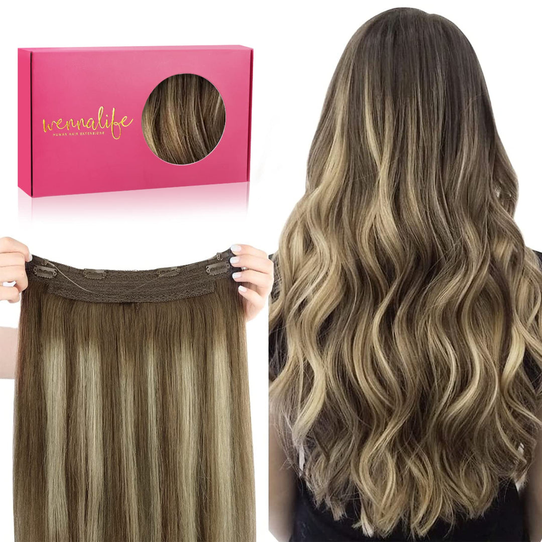 WENNALIFE Secret Hair Extensions Echthaar, 45cm 18 Inch 75g Balayage Schokoladenbraun bis Honigblond