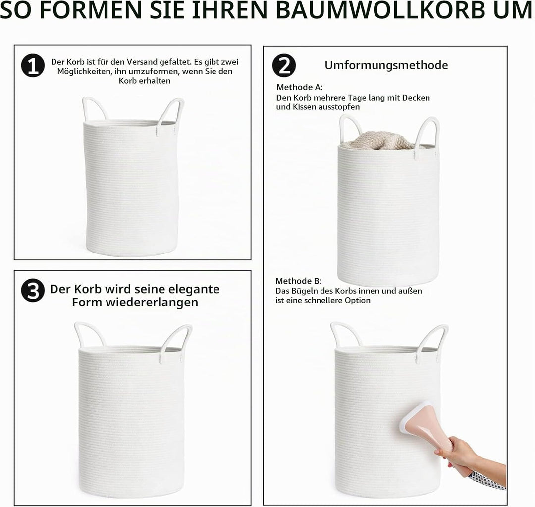 TIMEYARD Wäschekorb Weiss, Korb Geflochten, Aufbewahrungskorb Kinderzimmer aus Baumwolle mit Griffen