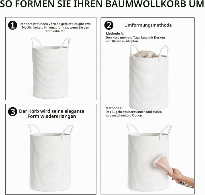TIMEYARD Wäschekorb Weiss, Korb Geflochten, Aufbewahrungskorb Kinderzimmer aus Baumwolle mit Griffen