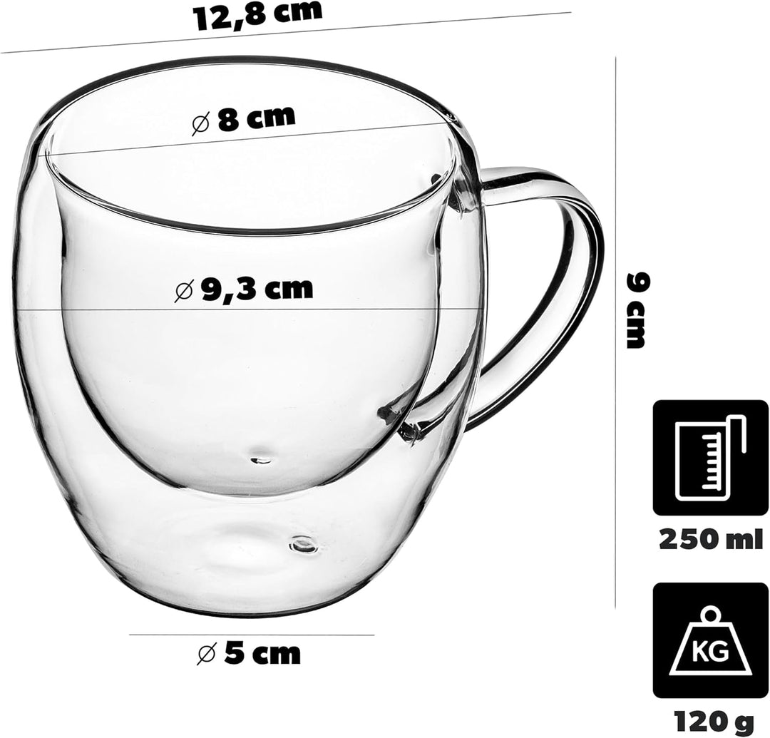 KADAX doppelwandige Glas Tasse, 250 ml, Glas mit breitem Griff, Trinkglas für Saft, Tee, Kaffee, Cap