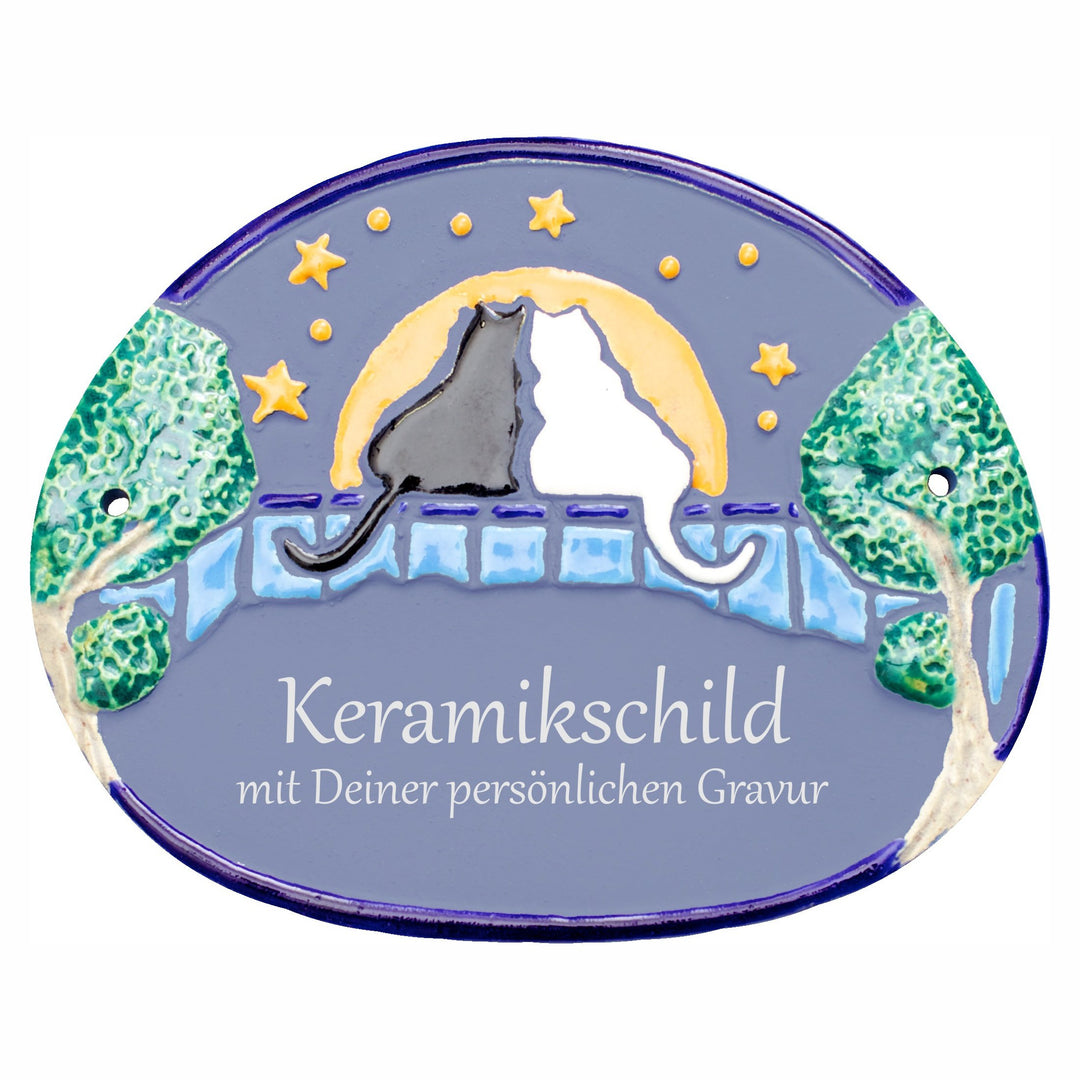 Handarbeit aus Schleswig-Holstein Keramikschild 19,0 x 15,0 cm Motiv Zwei Katzen vor Nachthimmel (he