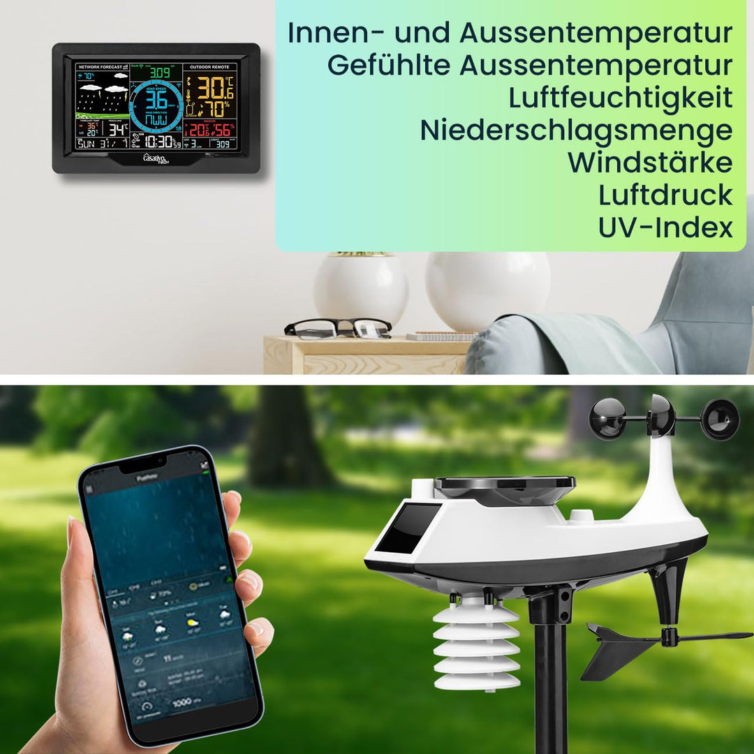Premium WLAN Wetterstation m. XL-Farbdisplay, Aussensensor, App-Daten, Messung von Temperatur, Regen