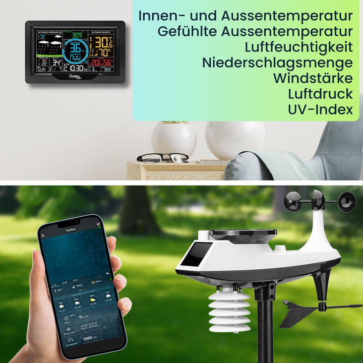 Premium WLAN Wetterstation m. XL-Farbdisplay, Aussensensor, App-Daten, Messung von Temperatur, Regen