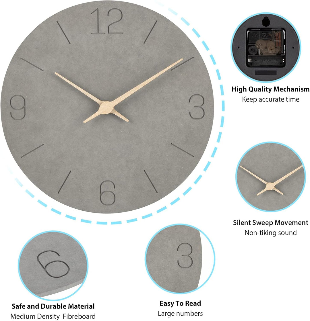 Warminn MDF Holz Wanduhr Ohne TickgeräUsche Lautlos Modern 30cm Quarz Gross Batterie Betriebene Wand