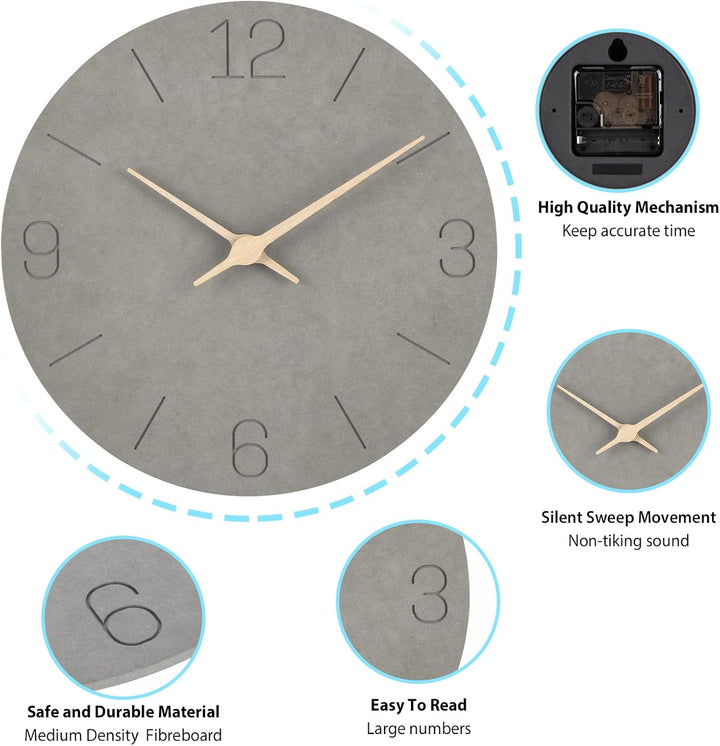 Warminn MDF Holz Wanduhr Ohne TickgeräUsche Lautlos Modern 30cm Quarz Gross Batterie Betriebene Wand