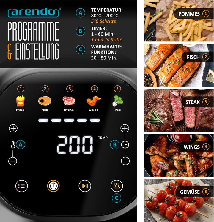 Arendo – Heissluftfritteuse klein - 2,5 Liter - Airfryer – 60 bis 200 ° C – Timer – Warmhaltefunktio
